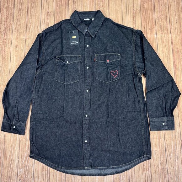 Levis Black Denim Western Shirt Oversized Fit Embroidered Heart Detail Size M - Picture 1 of 15